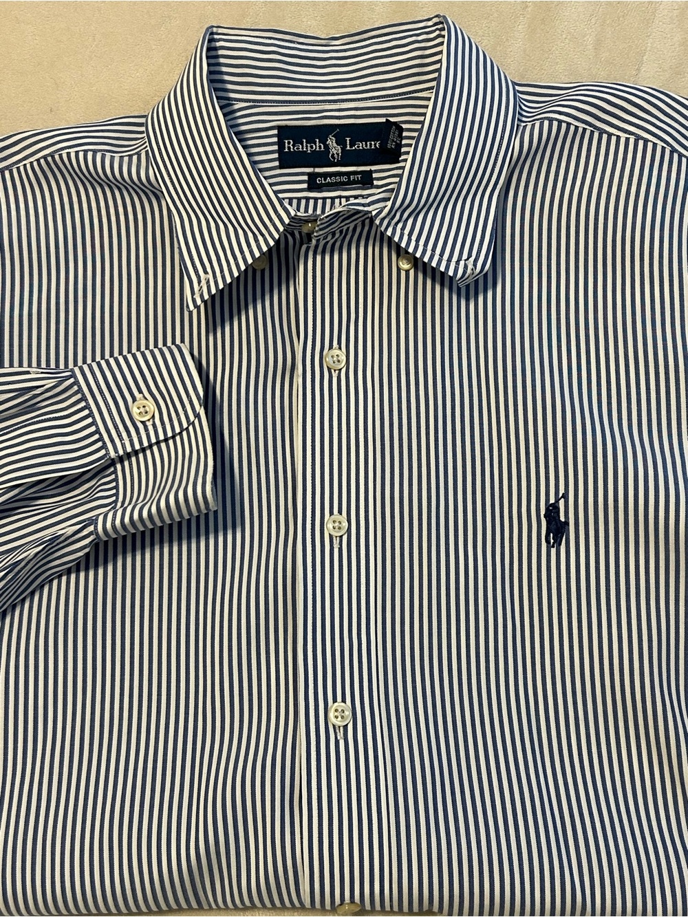 Polo Ralph Lauren Shirt Men 17 34/35 Classic Fit Blue White Striped Button Down